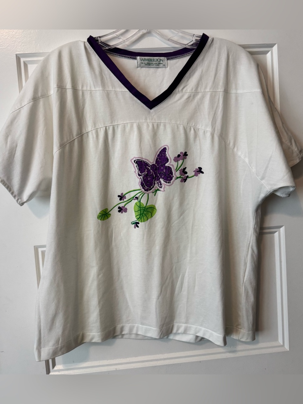 Wimbledon Floral Butterfly Embroidered Top M Purple White Cotton Tenniscore